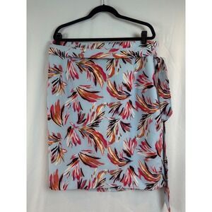 Floral Print Pencil Skirt Light Blue Pink High Waist Tie Belt Mid-Length Size 22